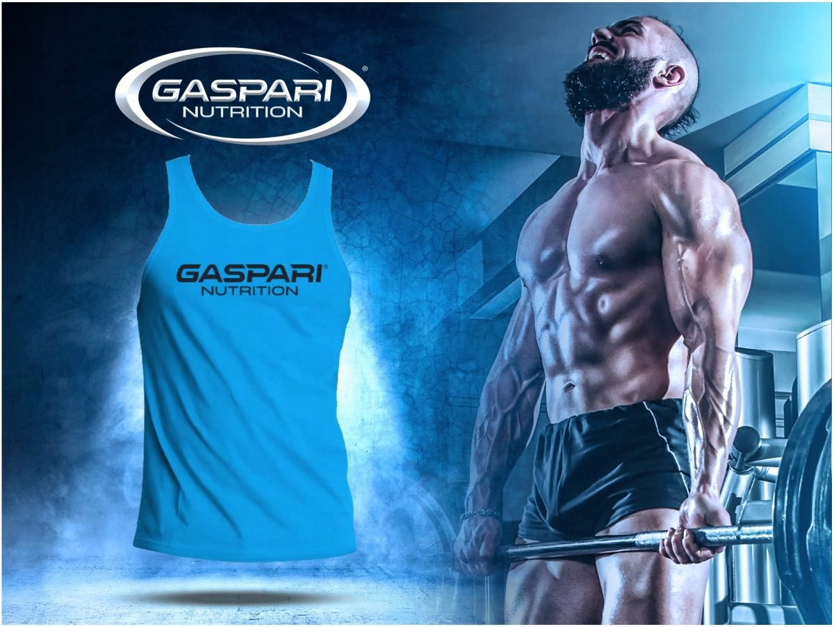 Gaspari-TOP-NA-SILOWNIE-BEZ-REKAWOW-BAWELNIANY-Marka-inna GASPARI NUTRITION LOGO TANKTOP-BLUE (MARŠKINĖLIAI)